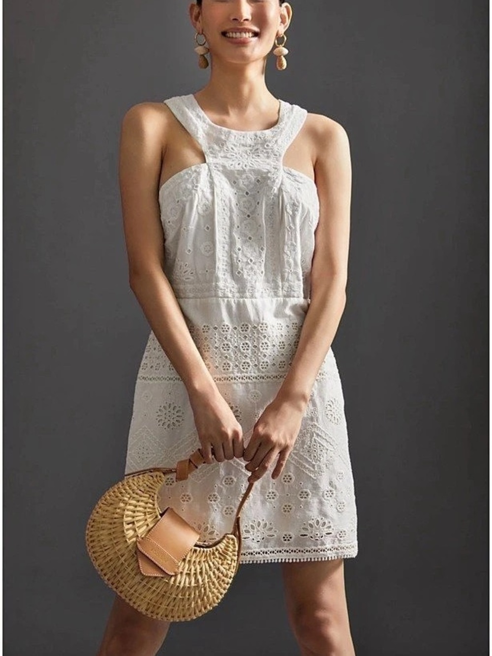 Anthropologie Maeve Halter Eyelet Mini Dress White